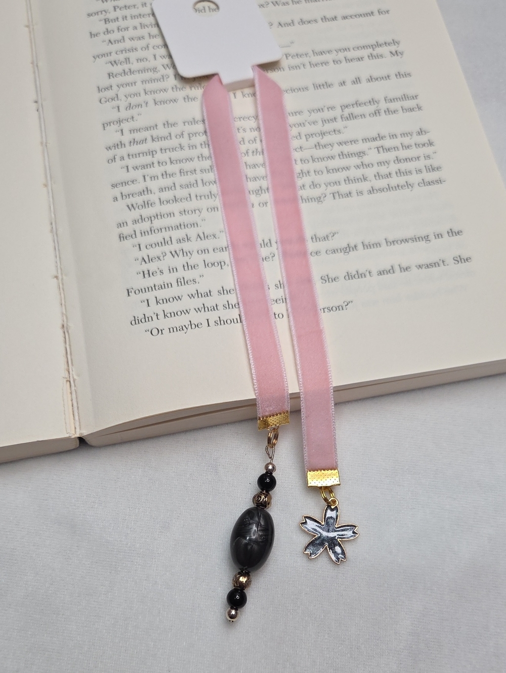 Handmade Light Pink Velvet Ribbon Gray Beaded Bookmark Flower Charm Handcrafted